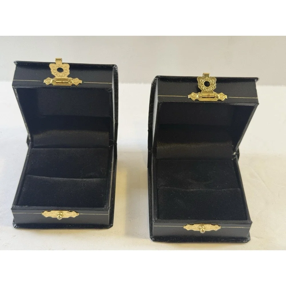 Vintage Lot Of 2 Ring Display Boxes Black Flip Latch Dome-Top Leatherette